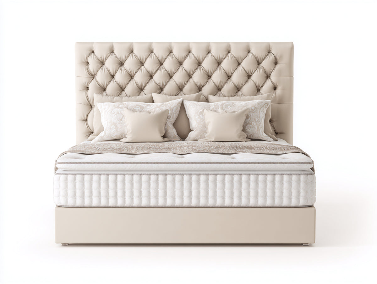 Lit double - Tissu - 220 x 180 x 140 cm - Beige clair - Style classique contemporain