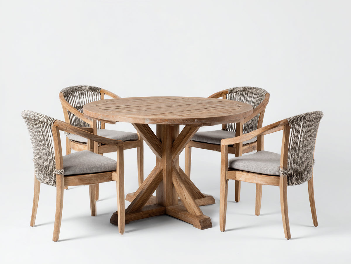 Salon de jardin repas - Bois-Corde-Tissu - 120 x 120 x 75 cm - Marron naturel-Gris - Style naturel