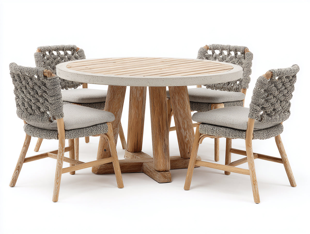 Salon de jardin repas - Bois-Corde-Tissu - 145x145x76 cm - Naturel-Gris taupe-Beige clair - Style contemporain