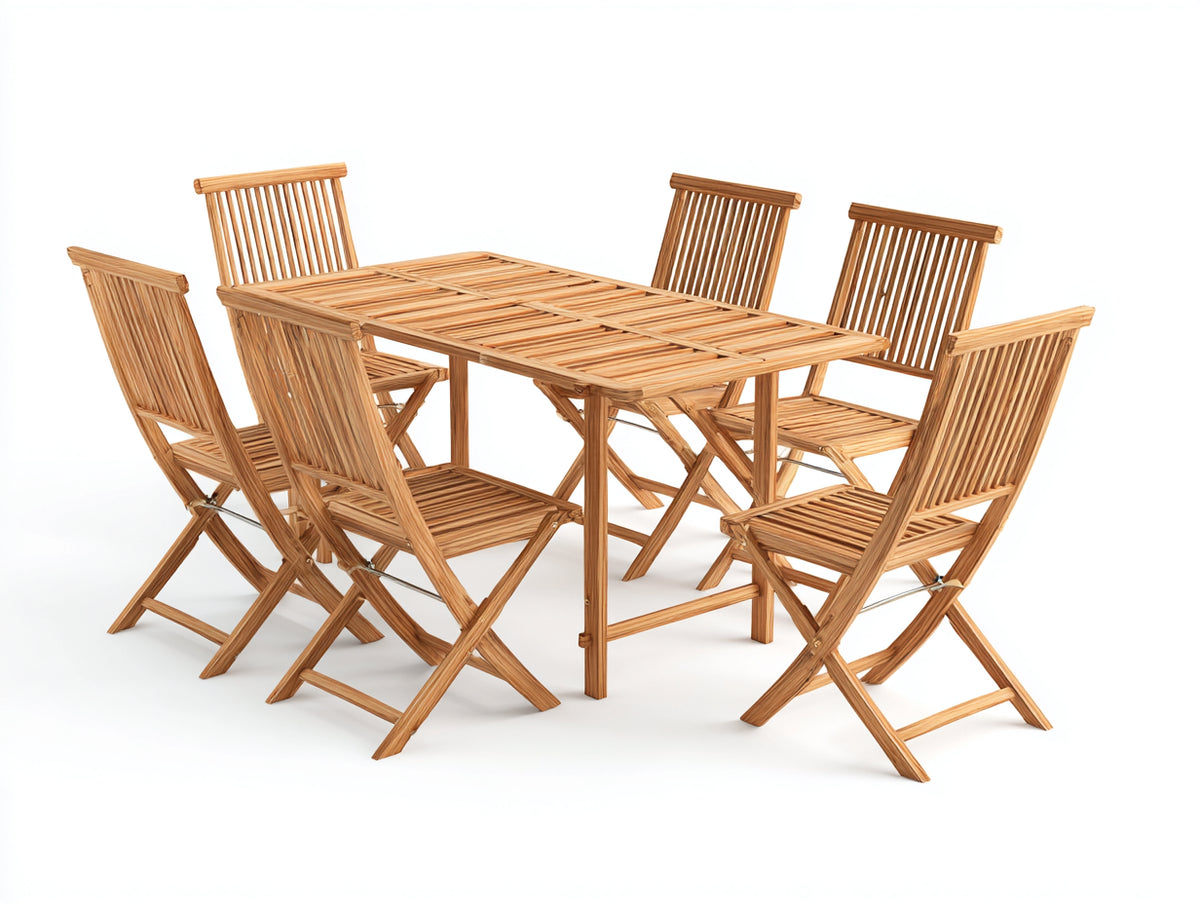 Salon de jardin repas - Bois - 160x90x75 cm - Marron clair - Style naturel avec chaises pliantes