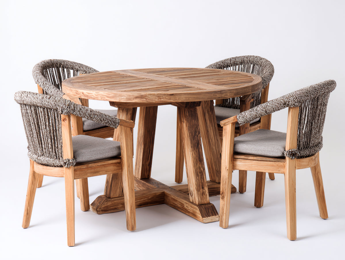 Salon de jardin repas - Bois-Corde-Tissu - 120 x 120 x 76 cm - Marron naturel-Gris - Style naturel