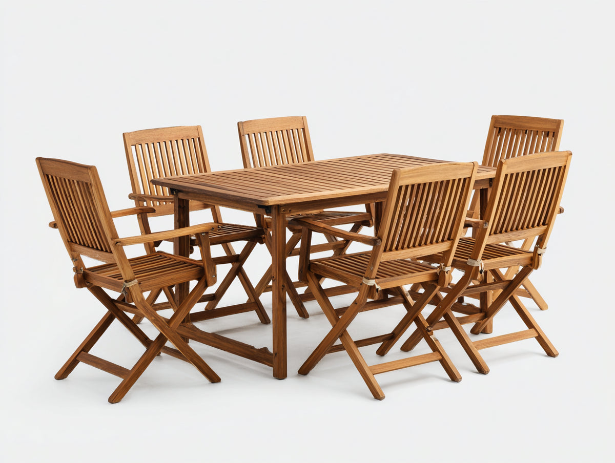 Salon de jardin repas - Bois - 165x95x75 cm - Marron - Style naturel avec fauteuils pliants