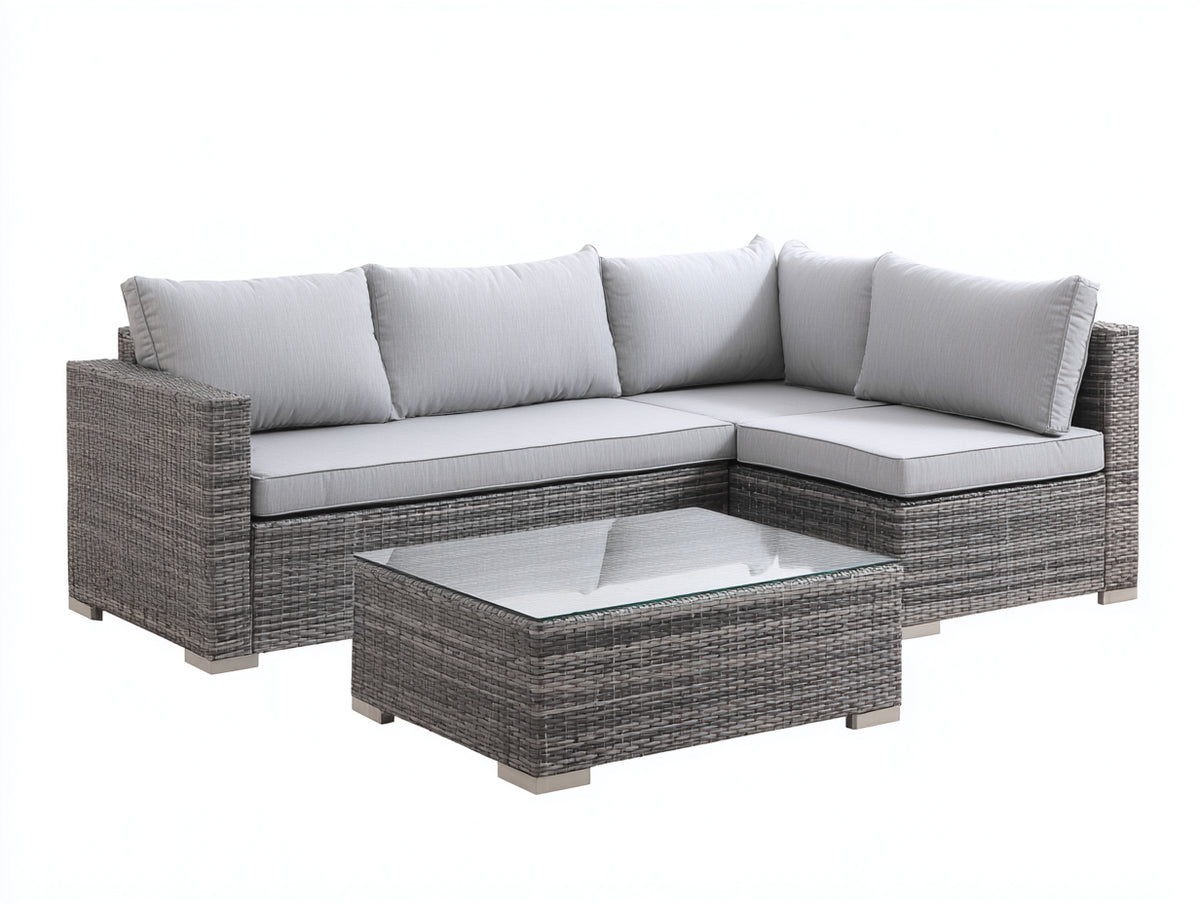 Canapé de jardin - Rotin tressé-Tissu-Verre - 238x182x78 cm - Gris taupe-Gris clair - Style contemporain