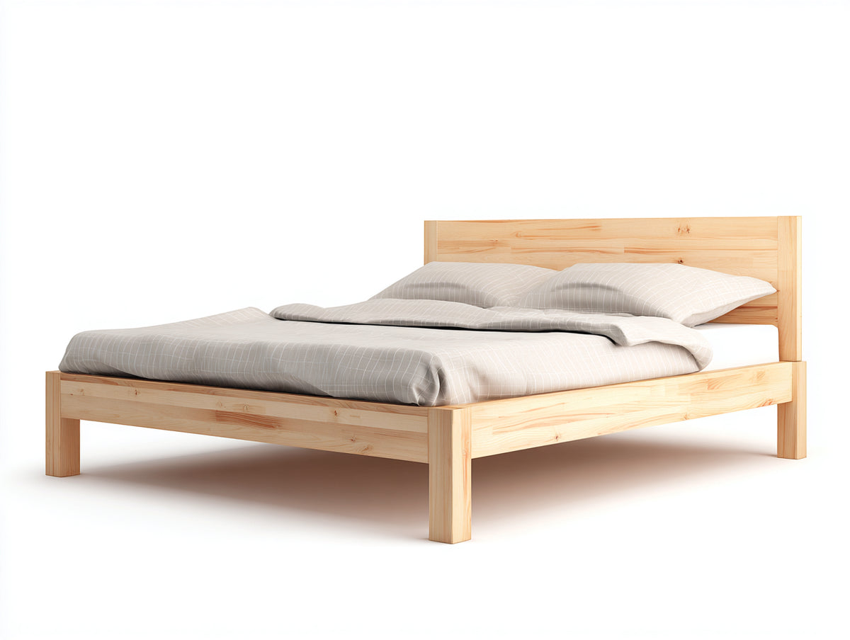 Lit double - Pin massif - 210 x 160 x 100 cm - Bois naturel - Style minimaliste