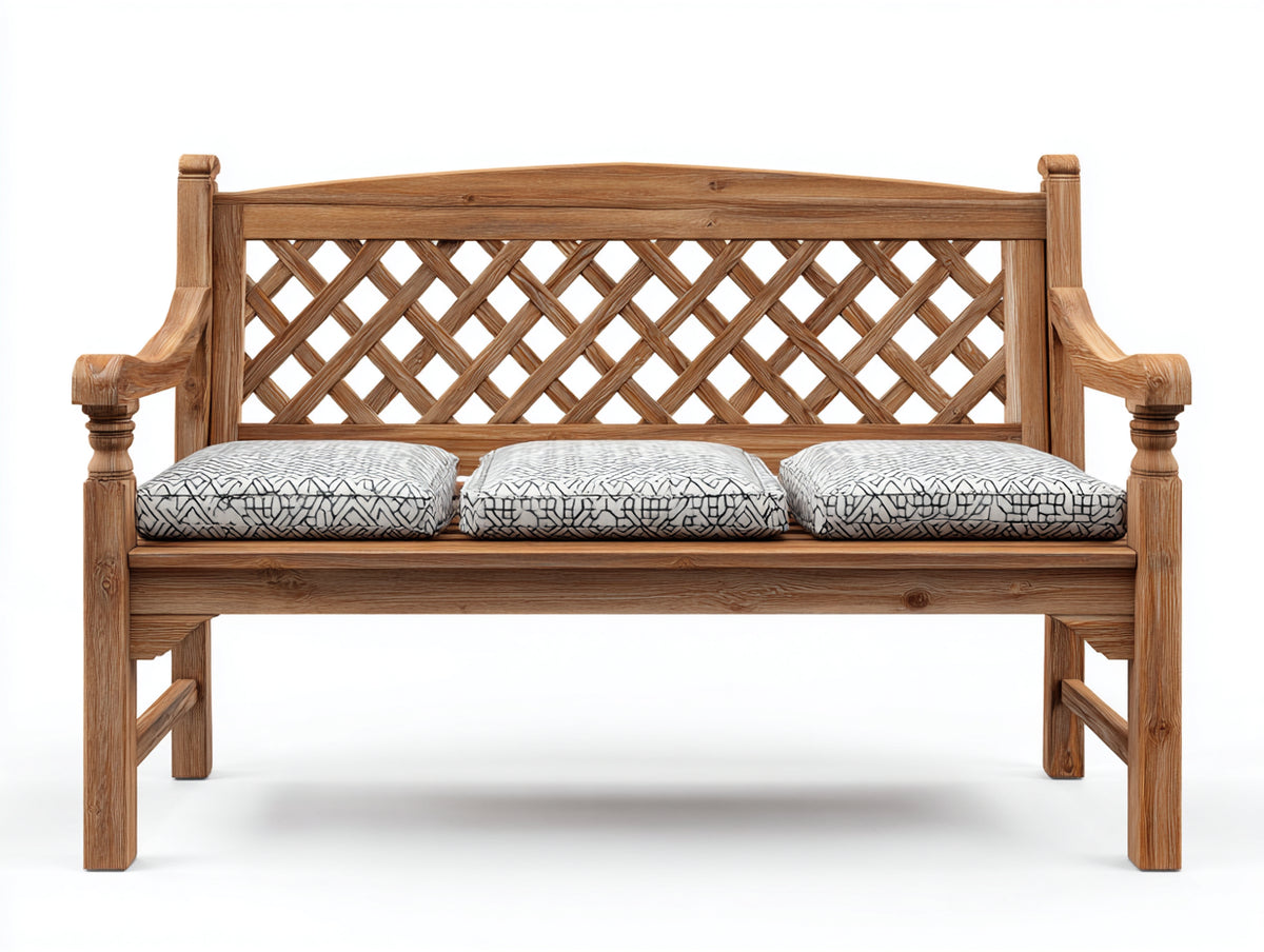 Banc de jardin - Bois-Tissu - 160 x 66 x 94 cm - Bois naturel-Blanc-Noir - Style champêtre à dossier treillagé