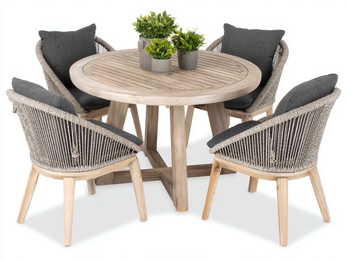 Salon de jardin repas - Bois-Corde-Tissu - 148x148x76 cm - Naturel-Beige-Gris anthracite - Style contemporain