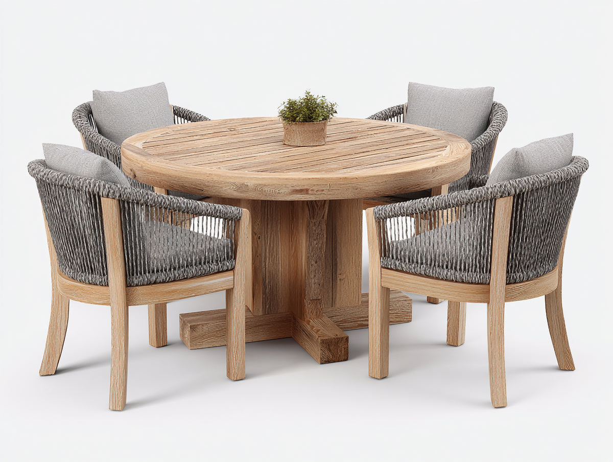 Salon de jardin repas - Bois-Corde-Tissu - 150x150x76 cm - Naturel-Gris foncé-Gris clair - Style contemporain
