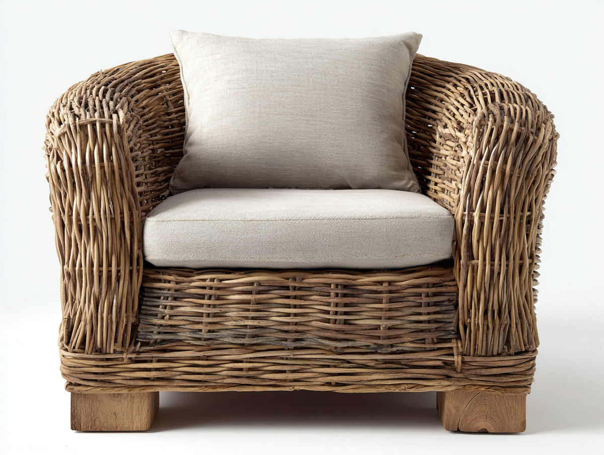 Fauteuil de jardin - Rotin-Tissu-Bois - 82x80x78 cm - Brun naturel-Beige - Style rustique