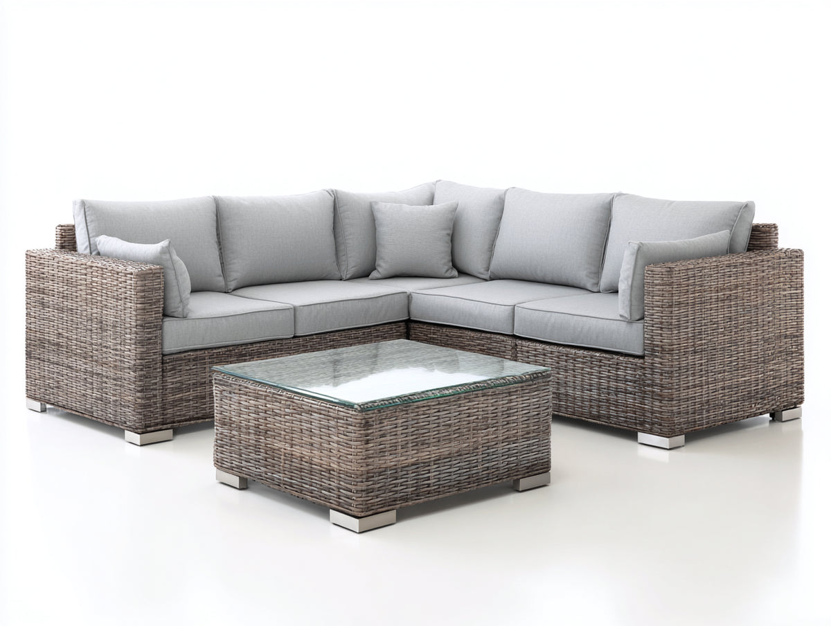 Canapé de jardin - Rotin tressé-Tissu-Verre - 236x236x80 cm - Gris taupe-Gris clair-Transparent - Style contemporain