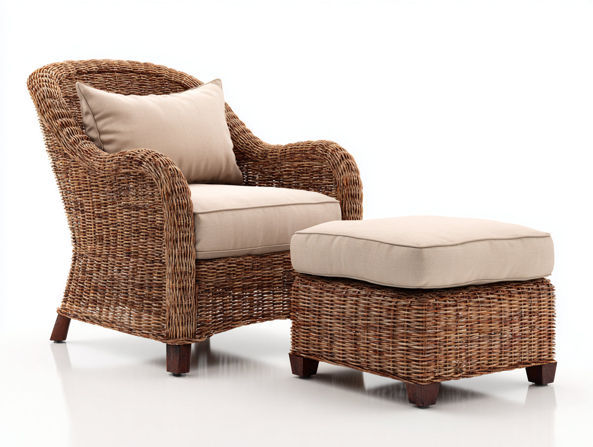 Fauteuil de jardin - Rotin-Tissu-Bois - 89x84x96 cm - Brun noisette-Beige - Style classique